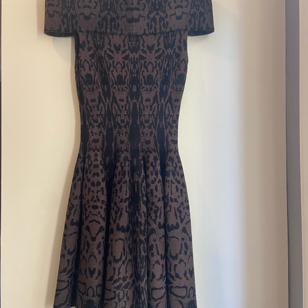 Alaia Animal Print Black Fit and Flare Off the Shoulder Cocktail Mini Dress